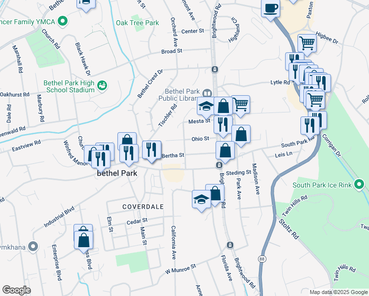 map of restaurants, bars, coffee shops, grocery stores, and more near 5230 North Pennsylvania Avenue in Bethel Park