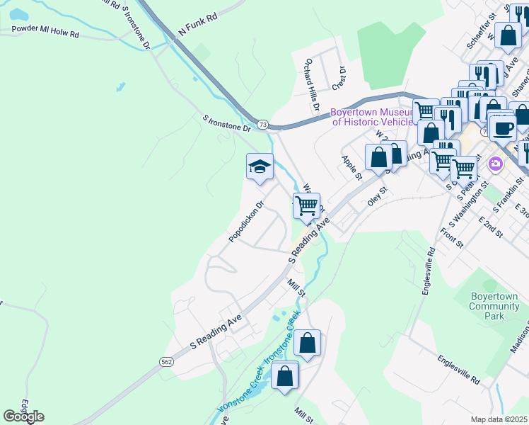 map of restaurants, bars, coffee shops, grocery stores, and more near 2 Arrowhead Avenue in Boyertown