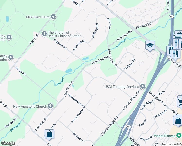 map of restaurants, bars, coffee shops, grocery stores, and more near 19 Cedar Woods Circle in Doylestown