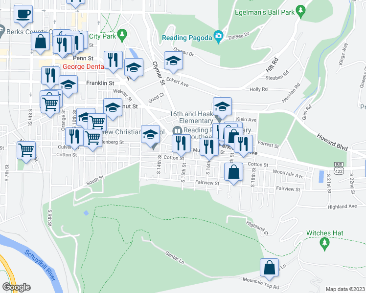 map of restaurants, bars, coffee shops, grocery stores, and more near 1448 Muhlenberg Street in Reading