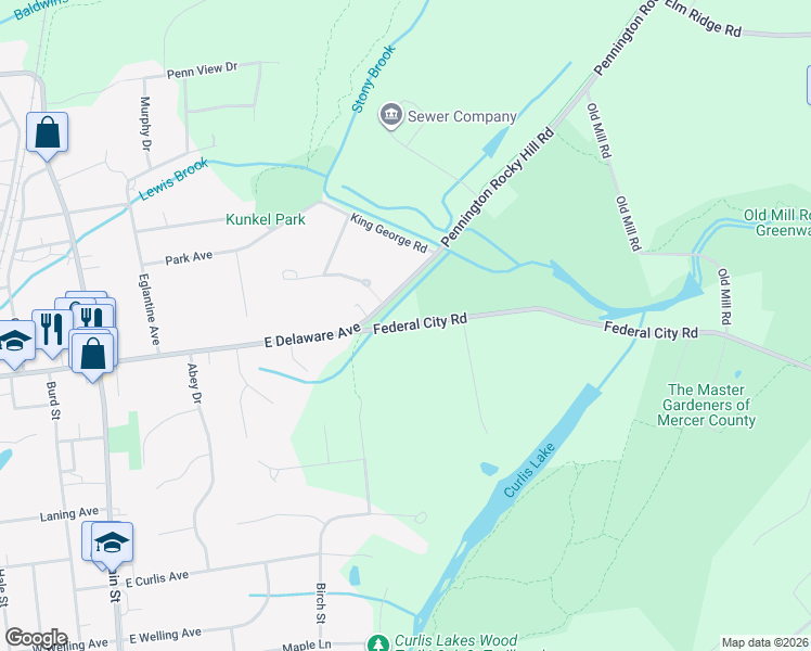 map of restaurants, bars, coffee shops, grocery stores, and more near Federal City Road in Pennington