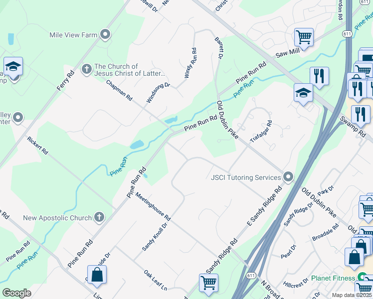 map of restaurants, bars, coffee shops, grocery stores, and more near 43 Cedar Woods Circle in Doylestown
