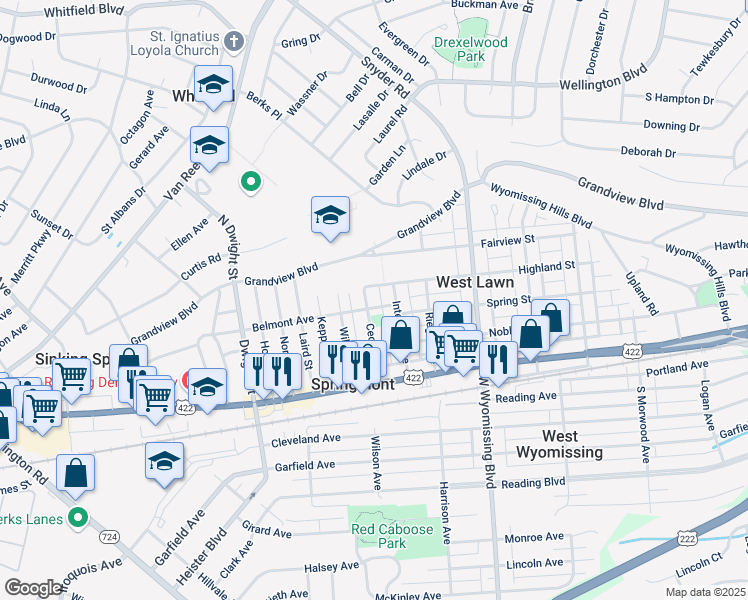 map of restaurants, bars, coffee shops, grocery stores, and more near 201 Cecil Avenue in West Lawn