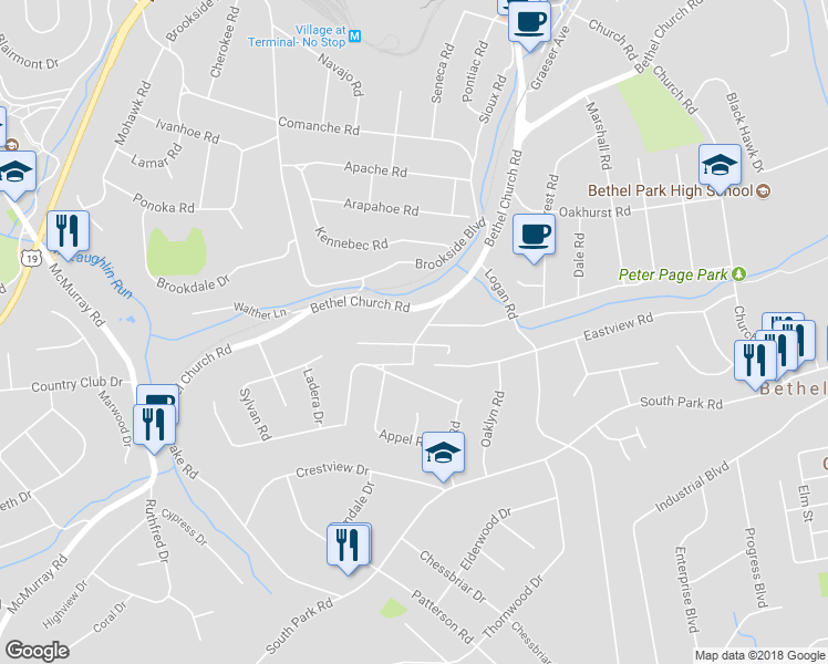 map of restaurants, bars, coffee shops, grocery stores, and more near 102 Woodford Road in Bethel Park