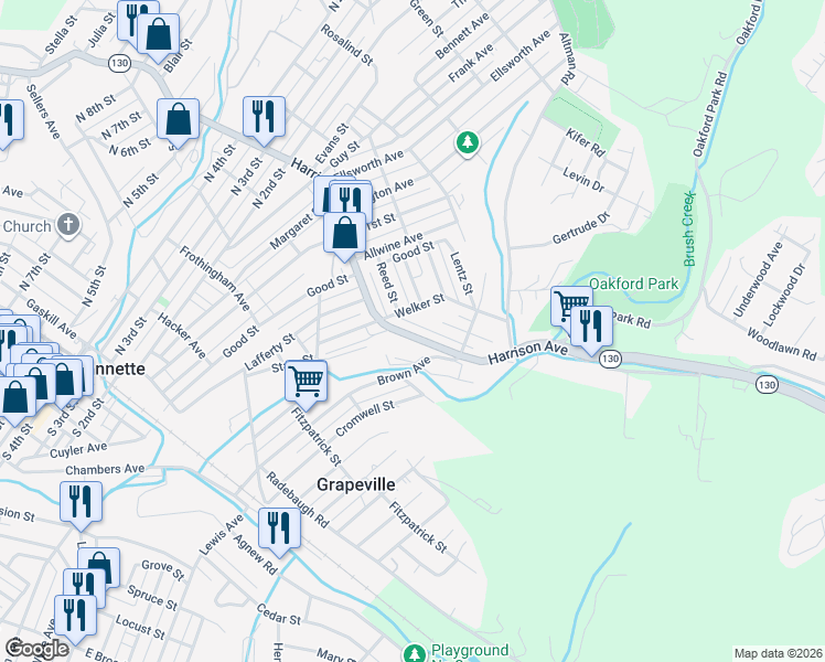 map of restaurants, bars, coffee shops, grocery stores, and more near 225 Harrison Avenue in Jeannette