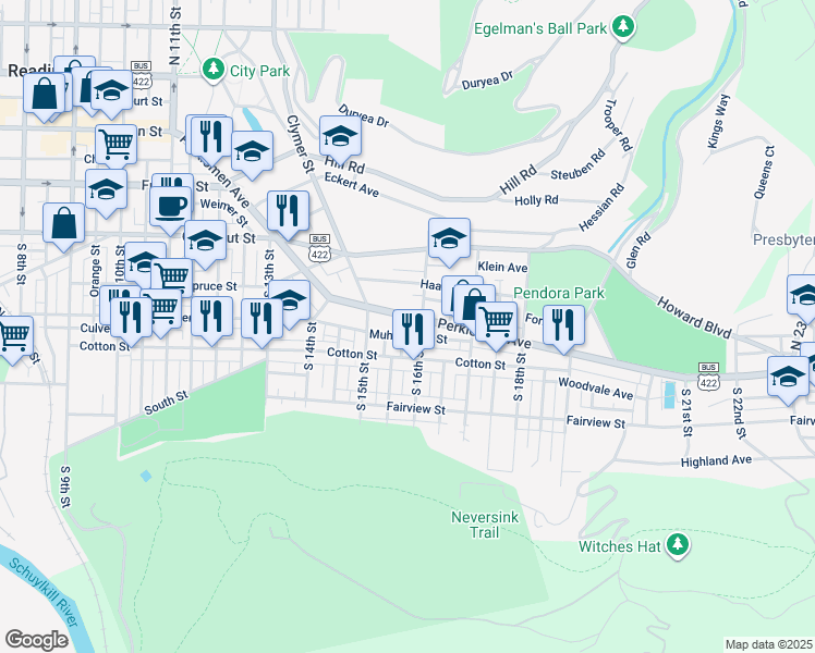 map of restaurants, bars, coffee shops, grocery stores, and more near 1552 Perkiomen Avenue in Reading