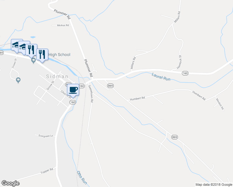 map of restaurants, bars, coffee shops, grocery stores, and more near 219 Pennsylvania 869 in Sidman