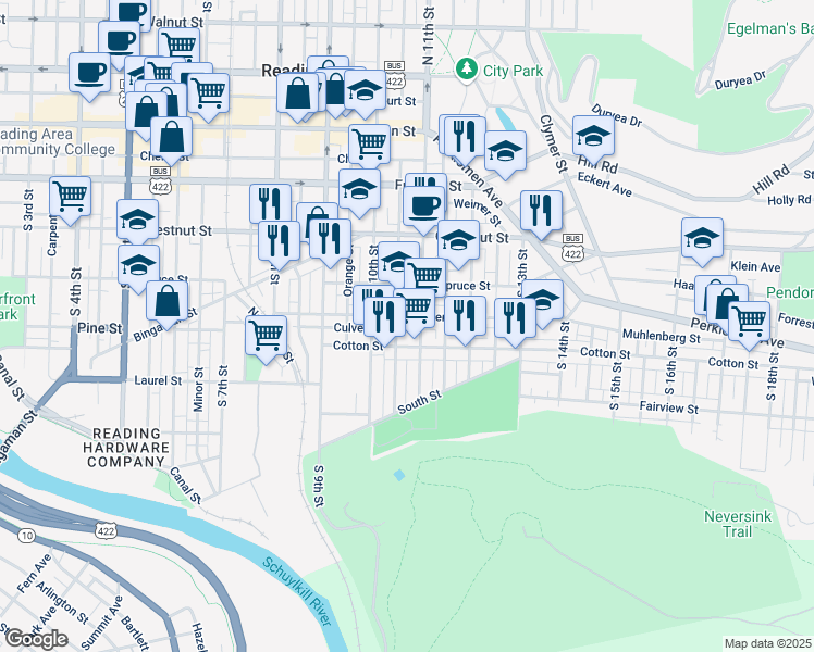 map of restaurants, bars, coffee shops, grocery stores, and more near in Reading