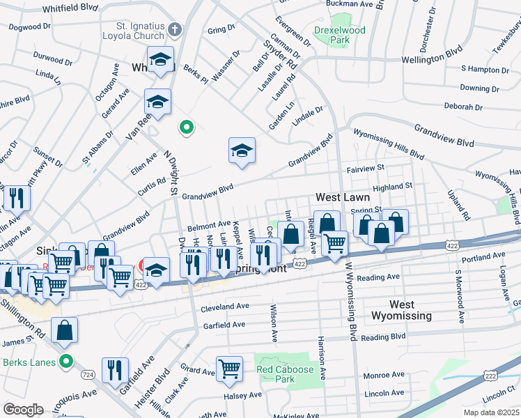 map of restaurants, bars, coffee shops, grocery stores, and more near 210 Cecil Ave in West Lawn