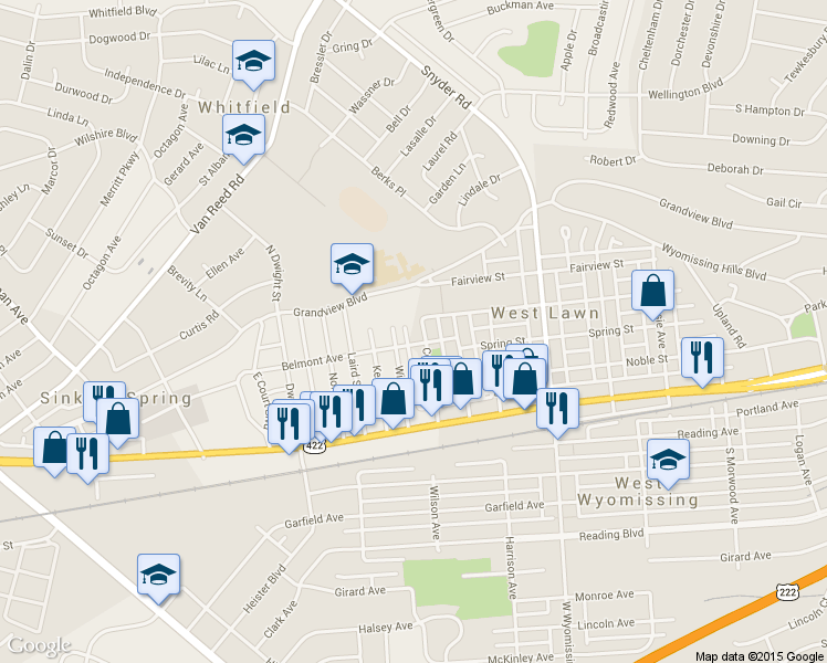 map of restaurants, bars, coffee shops, grocery stores, and more near 210 Cecil Ave in West Lawn