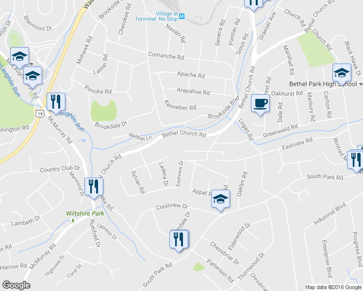 map of restaurants, bars, coffee shops, grocery stores, and more near 3274 Sylvan Road in Bethel Park