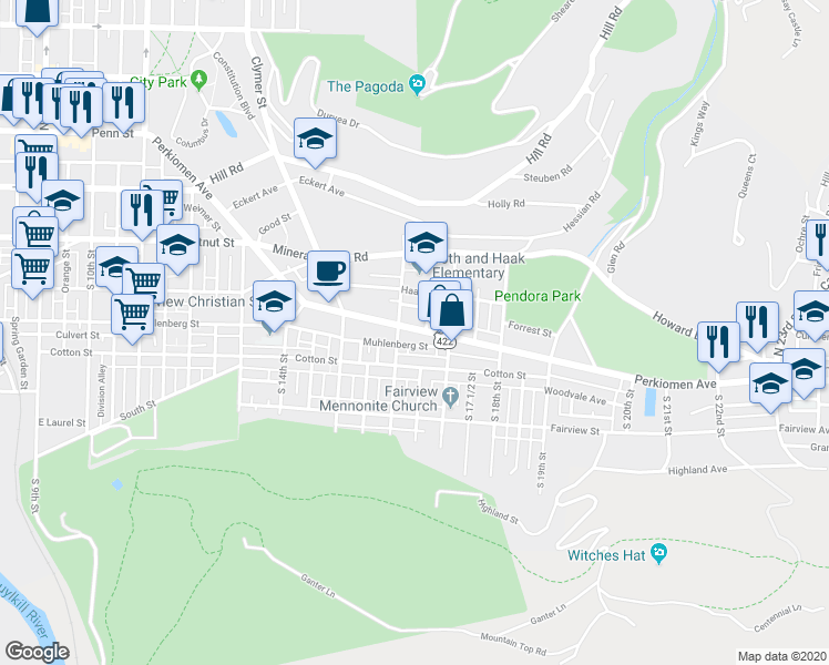 map of restaurants, bars, coffee shops, grocery stores, and more near 1618 Perkiomen Avenue in Reading