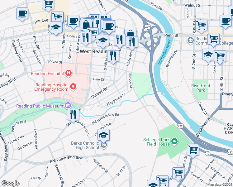 map of restaurants, bars, coffee shops, grocery stores, and more near 323 Sycamore Road in West Reading