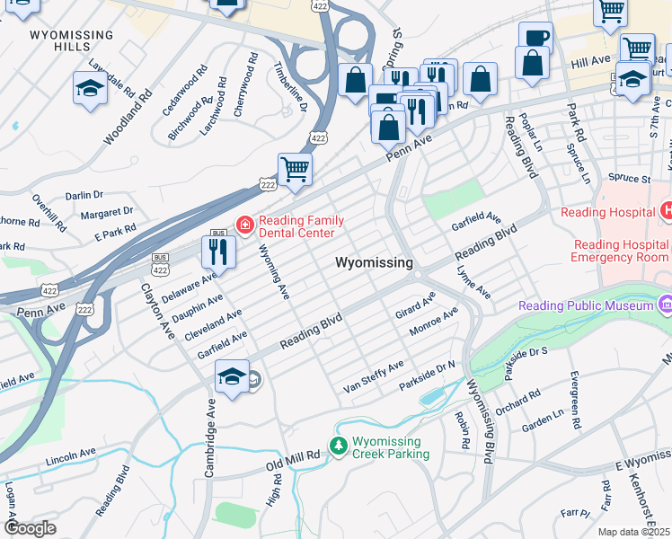 map of restaurants, bars, coffee shops, grocery stores, and more near 1326 Cleveland Avenue in Wyomissing