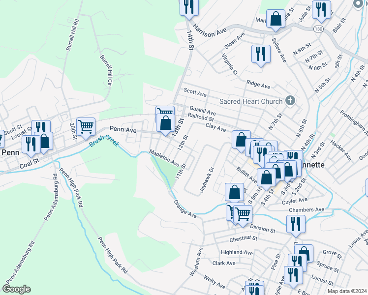map of restaurants, bars, coffee shops, grocery stores, and more near 1116 Penn Avenue in Jeannette