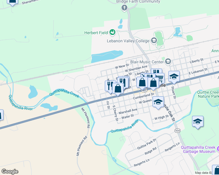 map of restaurants, bars, coffee shops, grocery stores, and more near 63 North Cherry Street in Annville