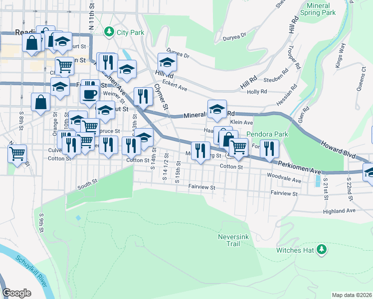 map of restaurants, bars, coffee shops, grocery stores, and more near 401 Rehr Street in Reading