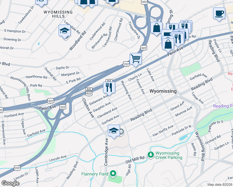map of restaurants, bars, coffee shops, grocery stores, and more near 1548 Delaware Avenue in Wyomissing