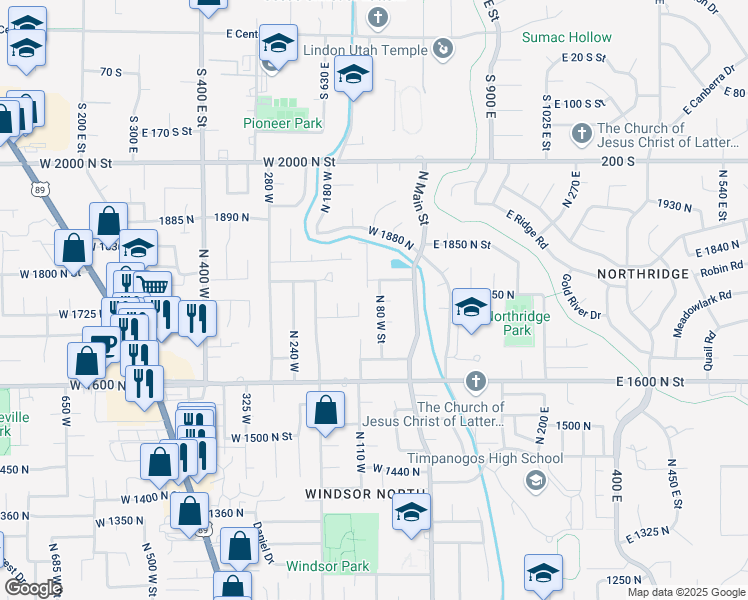 map of restaurants, bars, coffee shops, grocery stores, and more near 1753 North 80 West Street in Orem