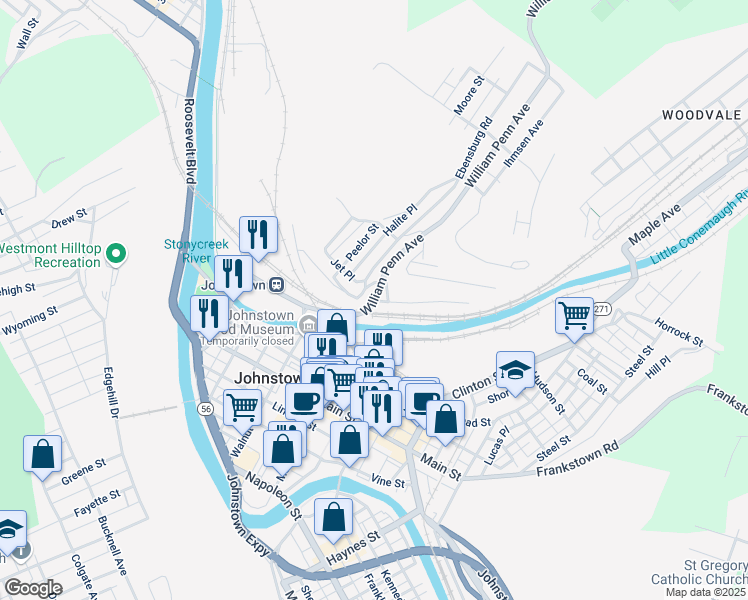 map of restaurants, bars, coffee shops, grocery stores, and more near 110 William Penn Avenue in Johnstown