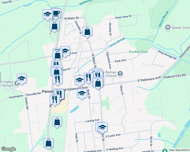 map of restaurants, bars, coffee shops, grocery stores, and more near 32 North Main Street in Pennington