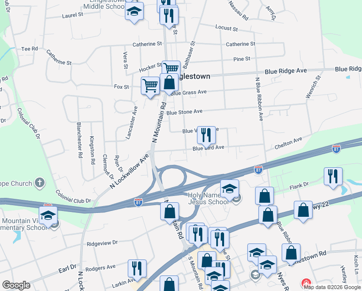 map of restaurants, bars, coffee shops, grocery stores, and more near 6100 Blue Bird Avenue in Harrisburg