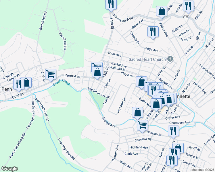 map of restaurants, bars, coffee shops, grocery stores, and more near 1110 Penn Avenue in Jeannette
