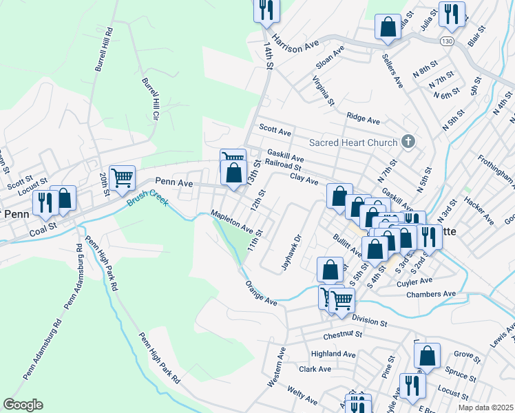 map of restaurants, bars, coffee shops, grocery stores, and more near 1118 Penn Avenue in Jeannette