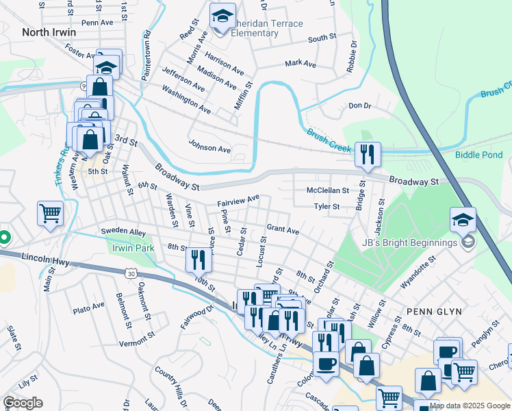 map of restaurants, bars, coffee shops, grocery stores, and more near 612 Cedar Street in Irwin