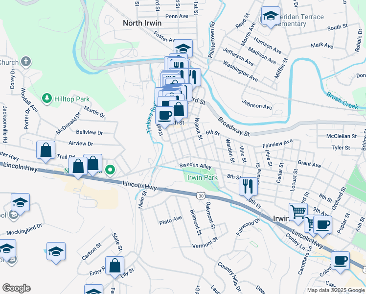 map of restaurants, bars, coffee shops, grocery stores, and more near 617 Main Street in Irwin
