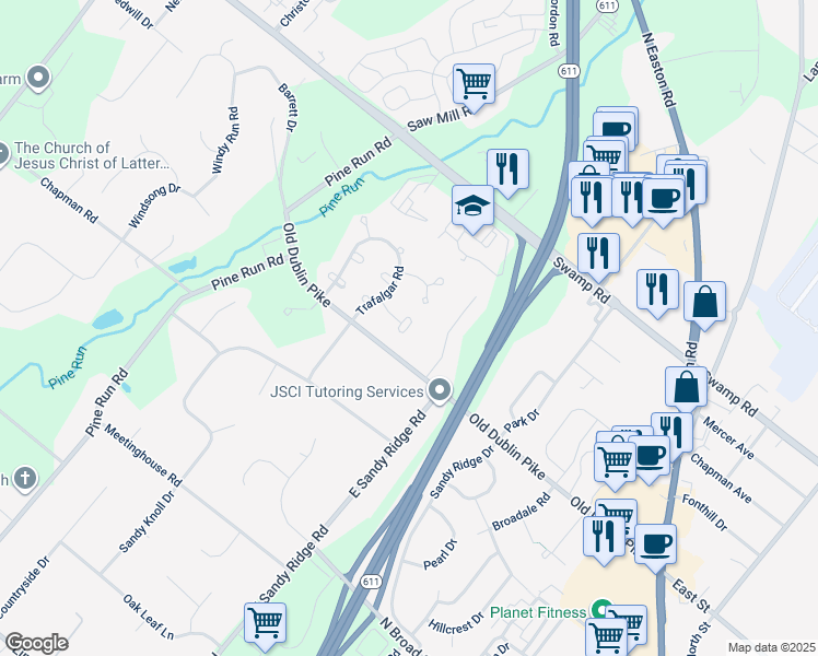 map of restaurants, bars, coffee shops, grocery stores, and more near 203 Victoria Court in Doylestown
