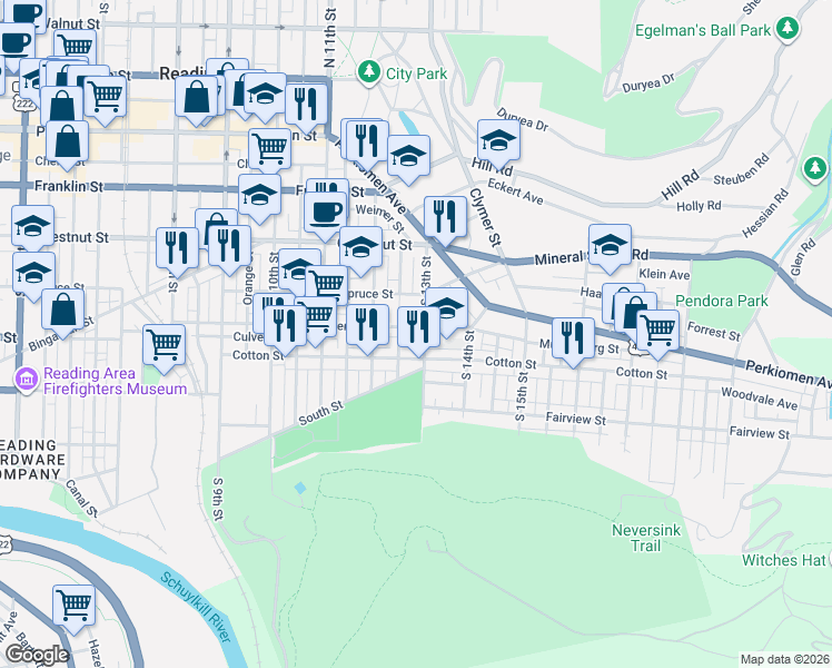 map of restaurants, bars, coffee shops, grocery stores, and more near 430 Chapel Terrace in Reading