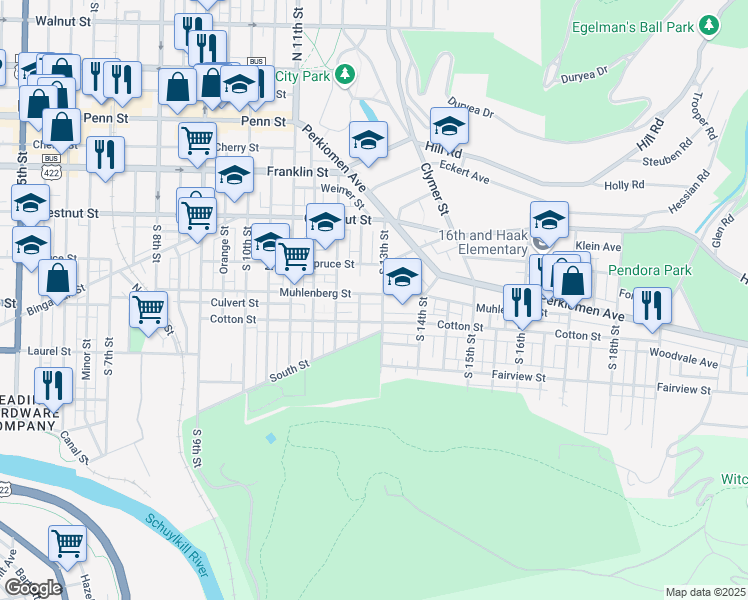map of restaurants, bars, coffee shops, grocery stores, and more near 430 Chapel Terrace in Reading