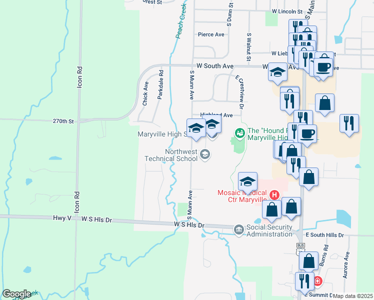 map of restaurants, bars, coffee shops, grocery stores, and more near 1515 South Munn Avenue in Maryville