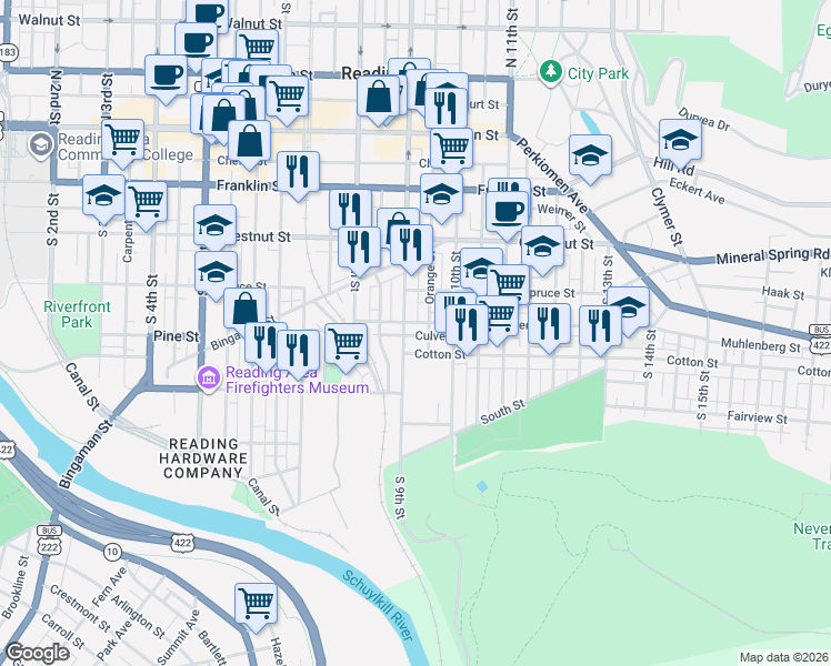 map of restaurants, bars, coffee shops, grocery stores, and more near 422 Orange Street in Reading