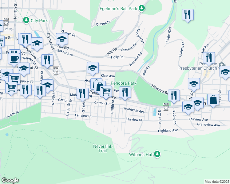 map of restaurants, bars, coffee shops, grocery stores, and more near 337 South 18th Street in Reading