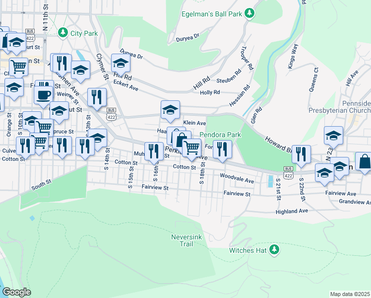 map of restaurants, bars, coffee shops, grocery stores, and more near 1700 Perkiomen Avenue in Reading