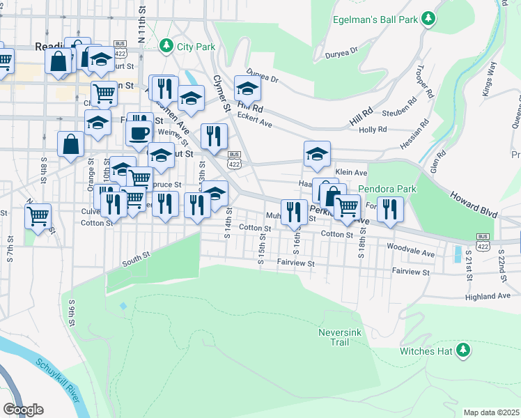 map of restaurants, bars, coffee shops, grocery stores, and more near 1448 Muhlenberg Street in Reading