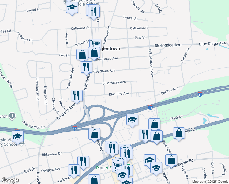 map of restaurants, bars, coffee shops, grocery stores, and more near 6124 Blue Bird Avenue in Harrisburg