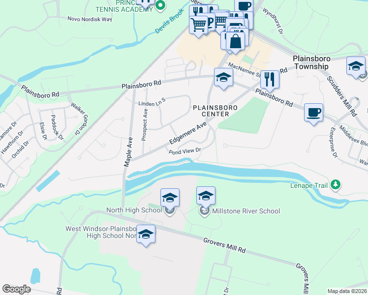 map of restaurants, bars, coffee shops, grocery stores, and more near 1 Pond View Drive in Plainsboro Township