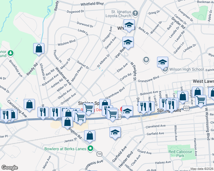 map of restaurants, bars, coffee shops, grocery stores, and more near 3017 Curtis Road in Reading