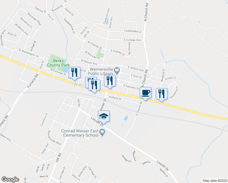 map of restaurants, bars, coffee shops, grocery stores, and more near 87 East Penn Avenue in Wernersville