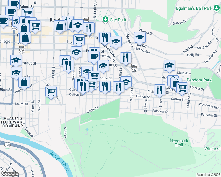map of restaurants, bars, coffee shops, grocery stores, and more near 430 Chapel Terrace in Reading