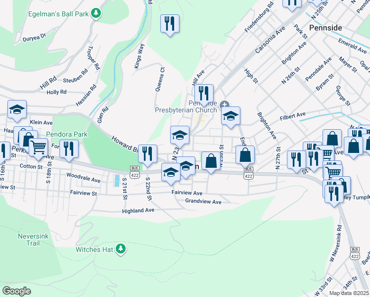 map of restaurants, bars, coffee shops, grocery stores, and more near 2317 Cumberland Avenue in Mount Penn