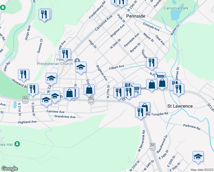map of restaurants, bars, coffee shops, grocery stores, and more near 2616 Cumberland Avenue in Mount Penn