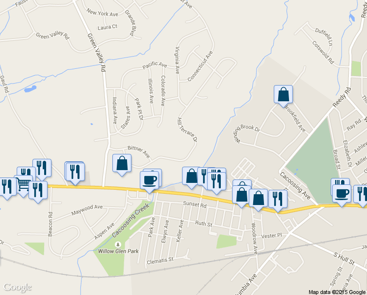 map of restaurants, bars, coffee shops, grocery stores, and more near 4207 Hill Terrace Dr in Sinking Spring