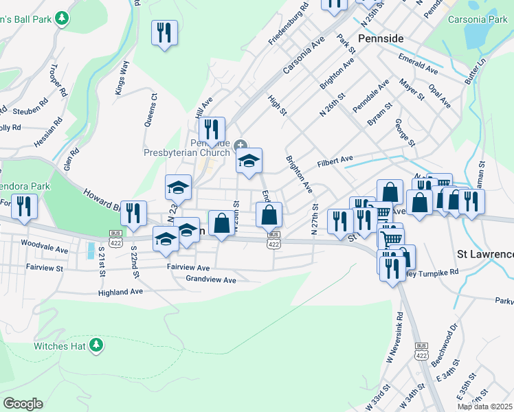 map of restaurants, bars, coffee shops, grocery stores, and more near 2532 Glen Terrace in Mount Penn