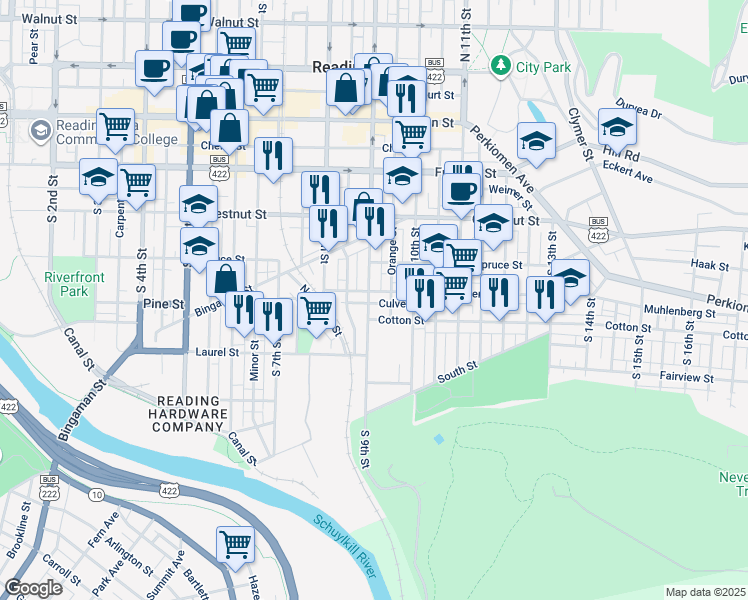 map of restaurants, bars, coffee shops, grocery stores, and more near 411 South 9th Street in Reading