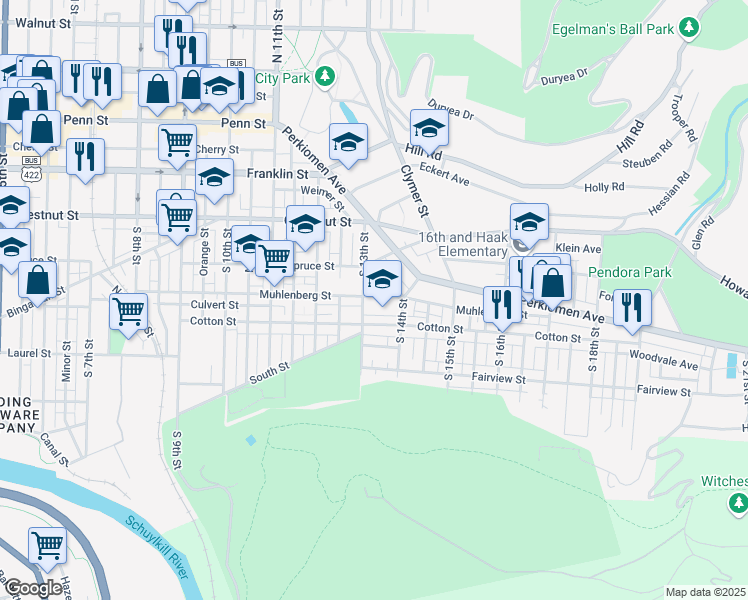 map of restaurants, bars, coffee shops, grocery stores, and more near 401 South 13th Street in Reading