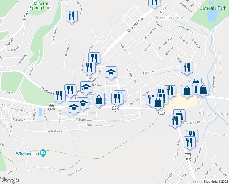 map of restaurants, bars, coffee shops, grocery stores, and more near 2526 Cumberland Avenue in Mount Penn